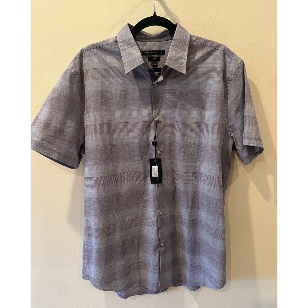 $148 NWT‎ John Varvatos Lux Purple Gray Button Up Short Sleeve Shirt Mens Size L